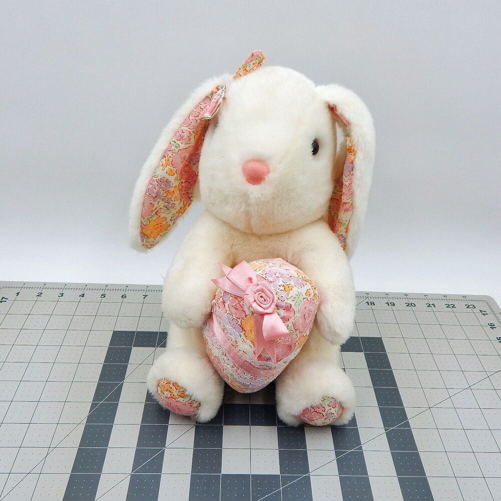 White Bunny Rabbit Plush Flowered Fabric Egg Bow Feet Ears 11 In Stuffed Easter